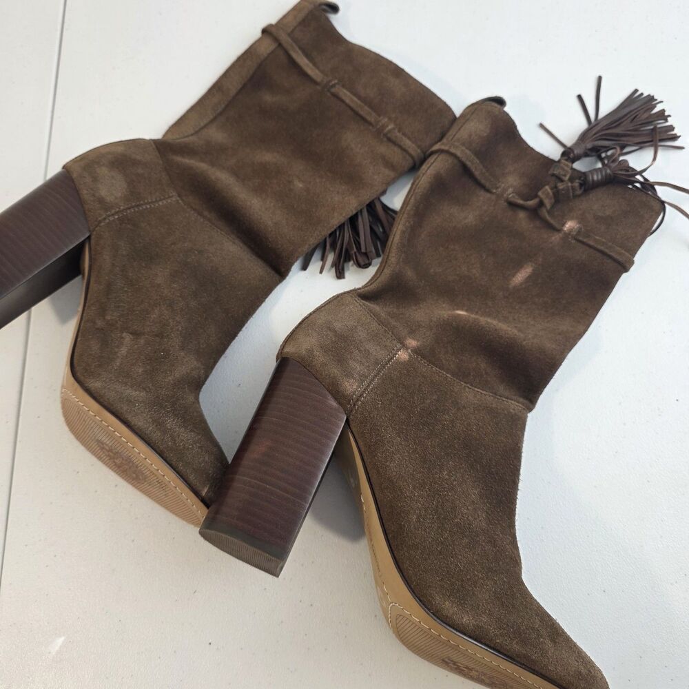 Vince Camuto Brown Leather Suede Tassel Boots Size 8.5 High Heel Fringe Festival